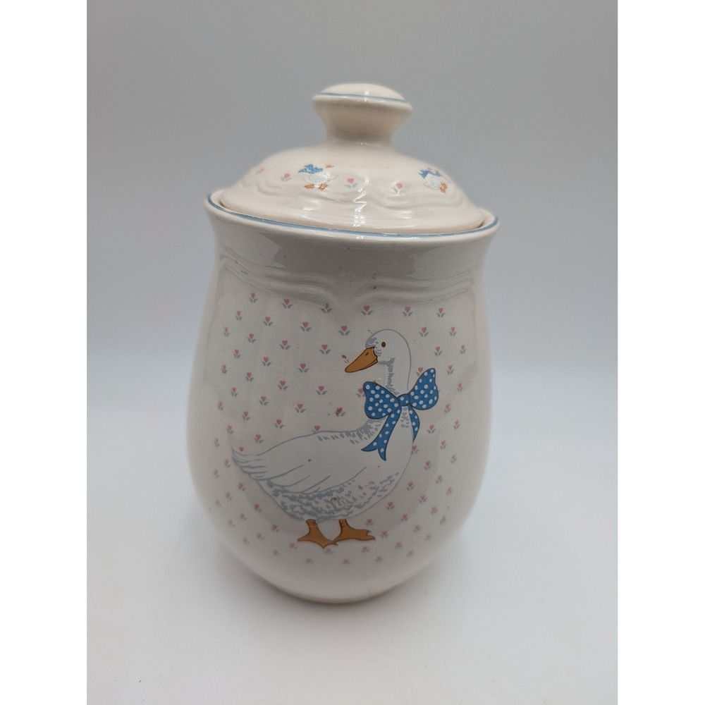 Tienshan Aunt Rhody Stoneware Canister Cream‎ Blue Goose Bow Farmhouse 8 Inch